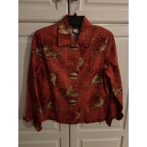 Painted Pony Women's Small Red Linen Blend Cheetah Jungle Print Button‎ Up Shirt